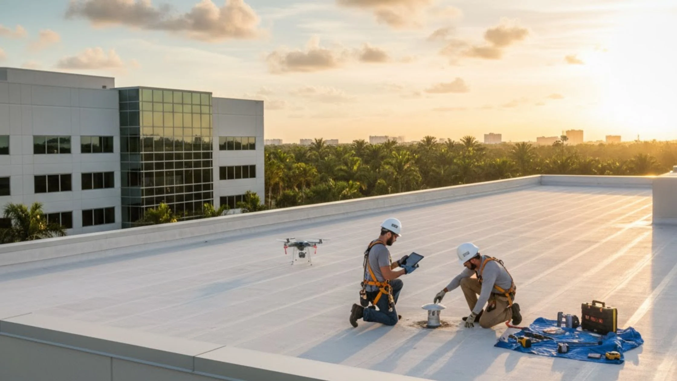 Commercial roof technicians inspecting a low-slope roof