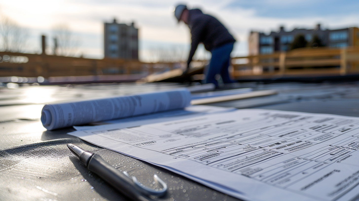 Commercial roof replacement plans reviewed on a rooftop